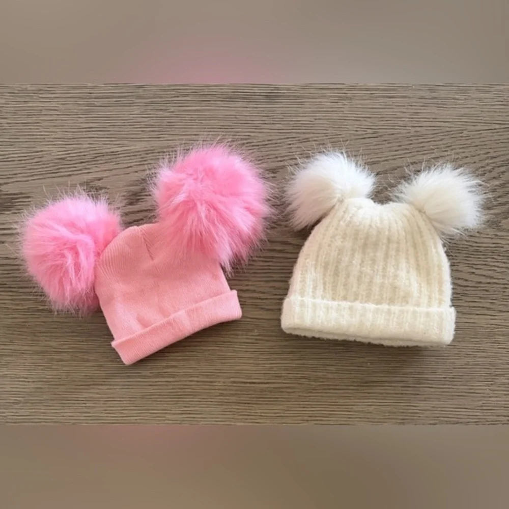 Pink and White Pom Pom Beanie Set Girls Size 12-24 M. White hat fleece lined